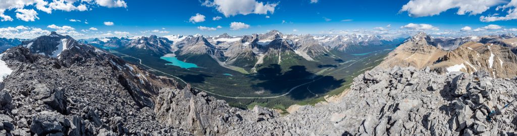 Great views from Silverhorn looking south (L), west (C) and north (R) along the Icefields Parkway including Bow Lake, Peyto Lake, Mistaya Lake and part of Waterfowl Lake (L to R).